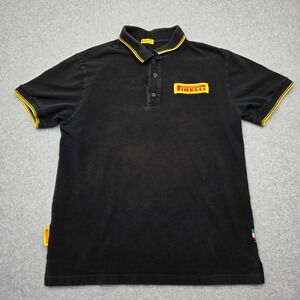 Pirelli Racing Polo Shirt Mens Medium Black Yellow Trim Patch Logo Short Sleeve